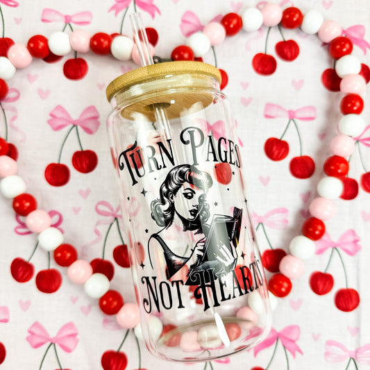 Turn Pages Not Hearts Clear Glass Cup with Bamboo Lid & Straw