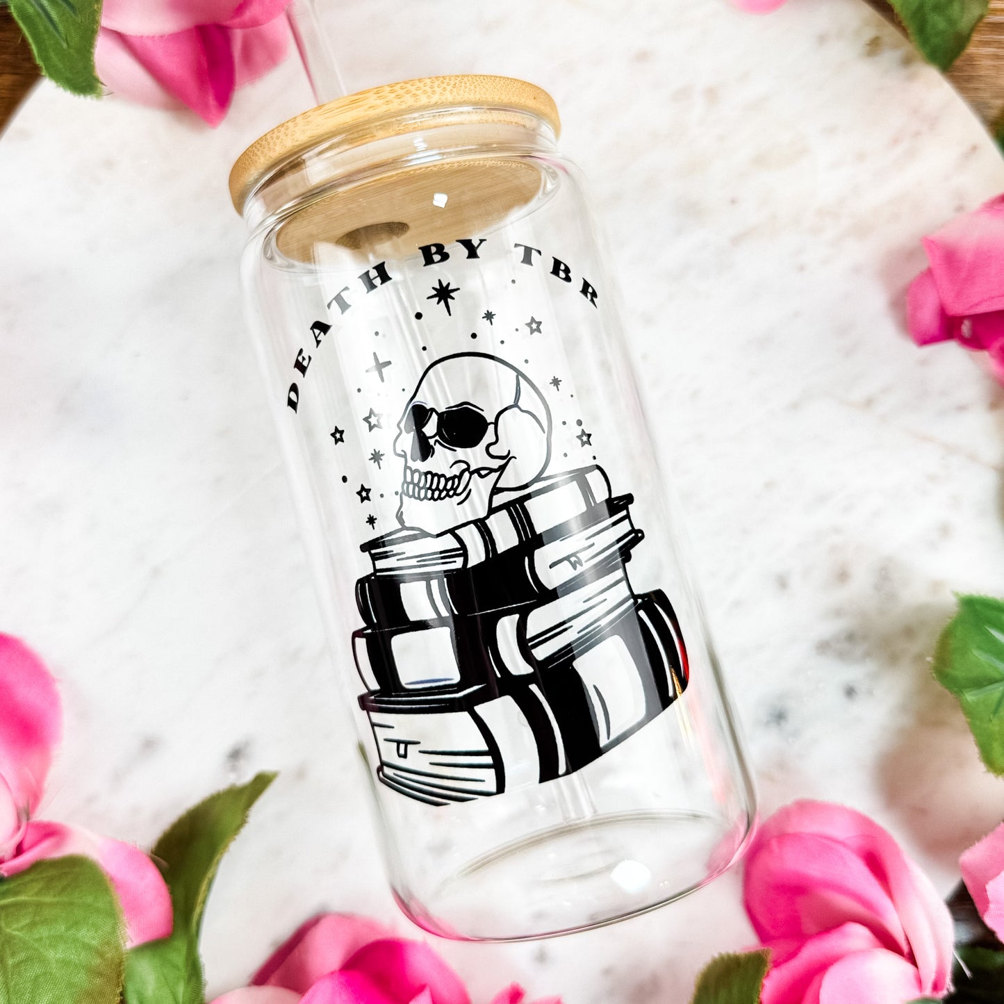 Death by TBR Clear Glass Cup with Bamboo Lid & Straw