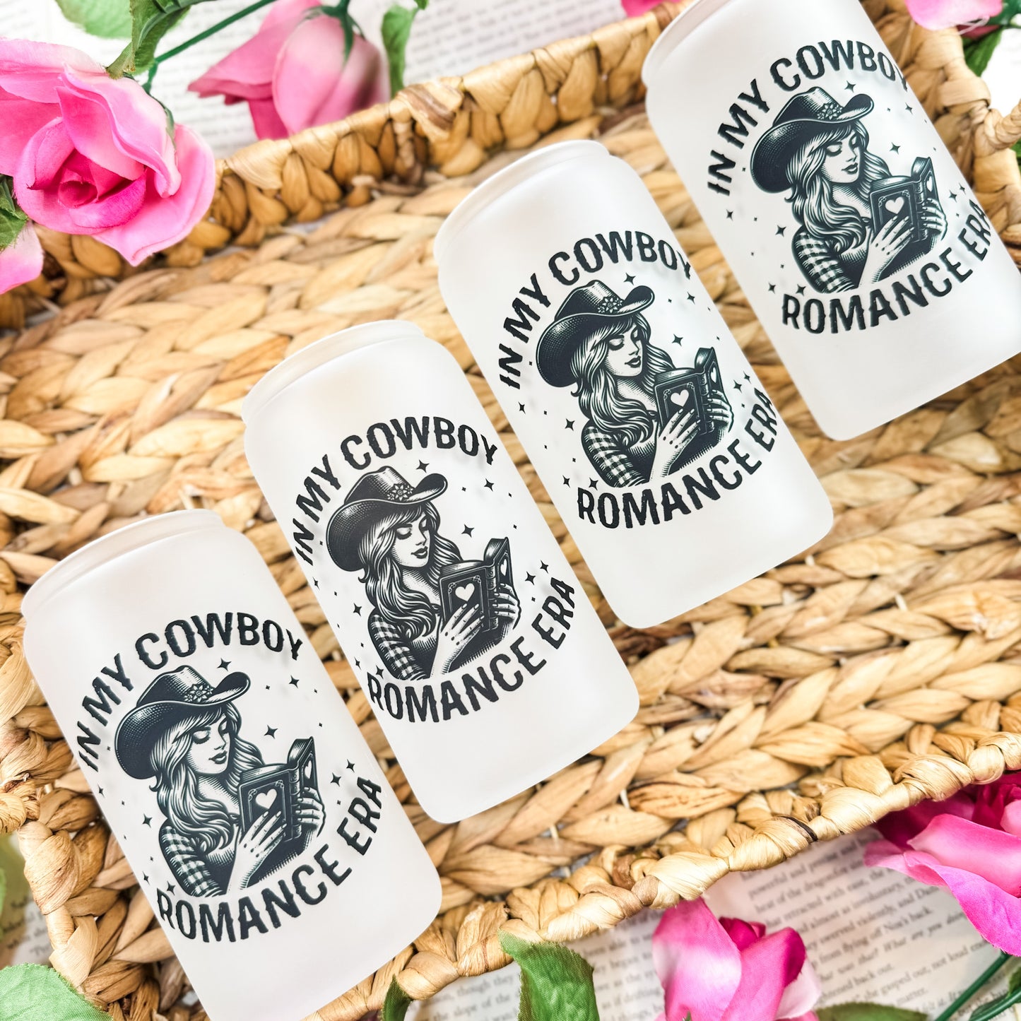 In My Cowboy Romance Era Frosted Glass Cup with Bamboo Lid and Straw