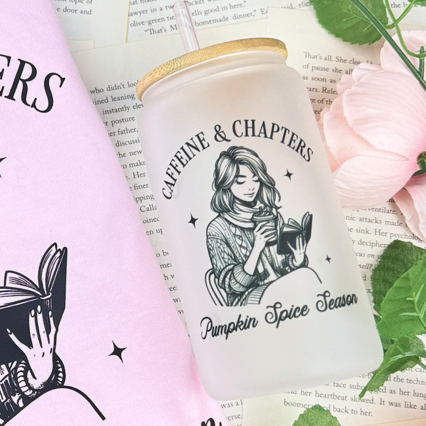 Caffeine and Chapters Frosted Glass Cup