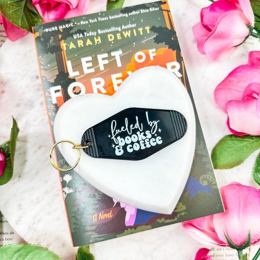 Fueled by Books and Coffee Motel Keychain | Permanent Decal Double-Sided Book Lover Keychain