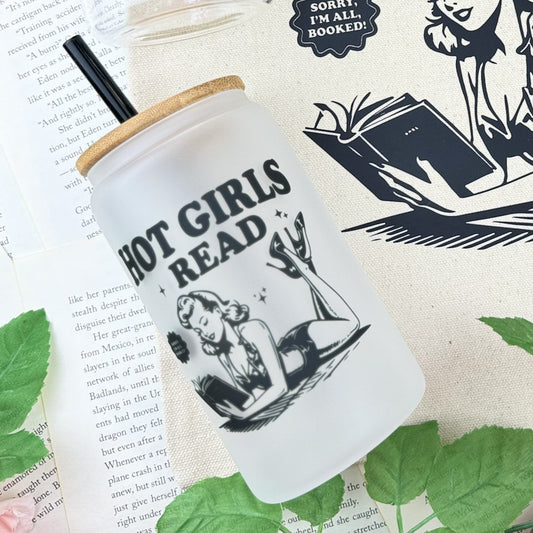 Hot Girls Read Retro-Inspired Frosted Glass Cup with Bamboo Lid and Straw