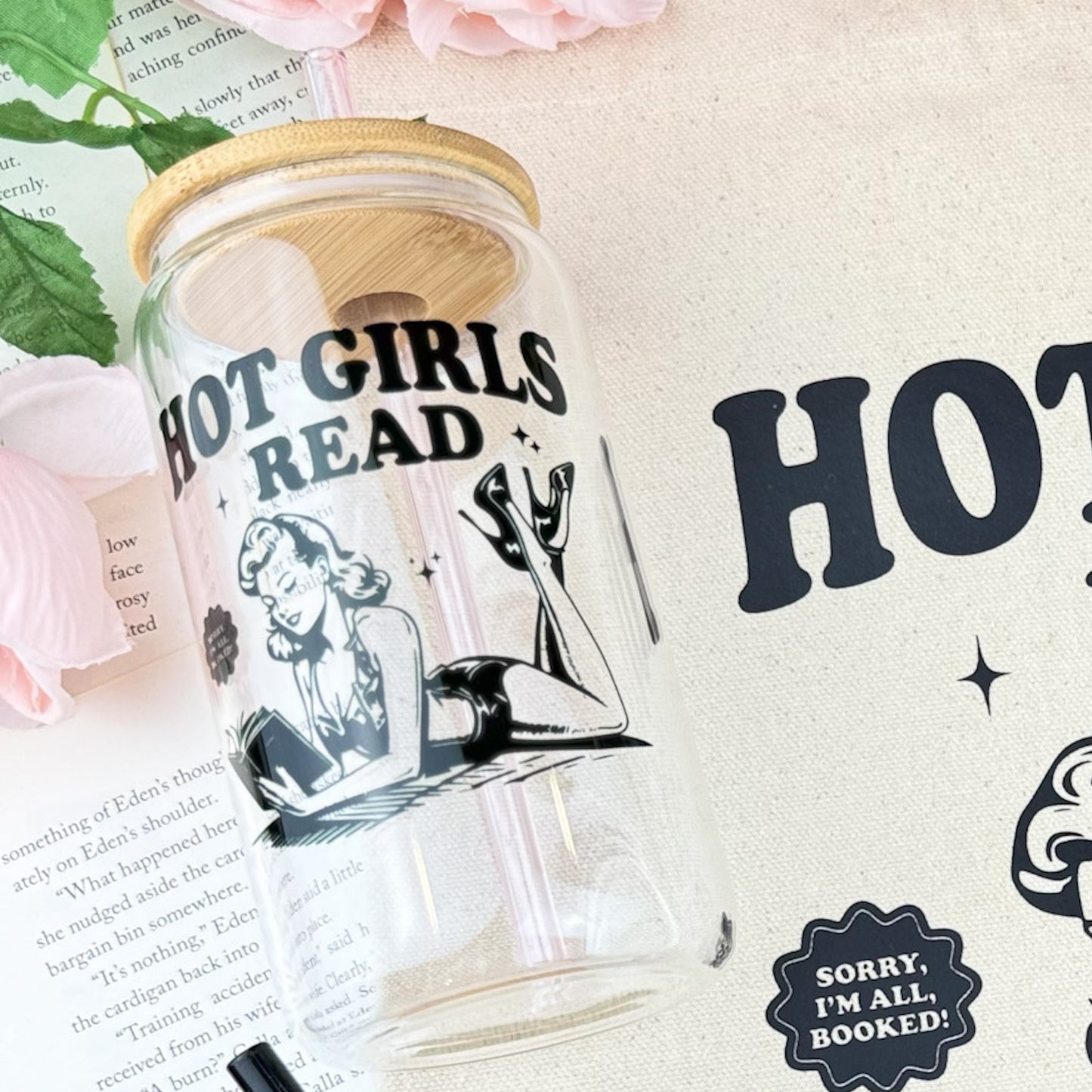 Hot Girls Read Clear Glass Cup with Bamboo Lid & Straw