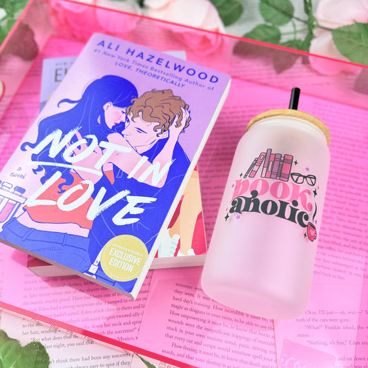 Bookaholic Frosted Glass Cup with Bamboo Lid & Straw