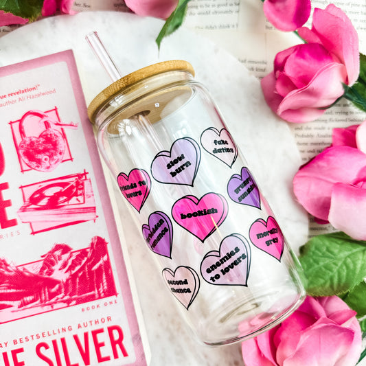 Bookish Tropes Candy Hearts Clear Glass Cup with Bamboo Lid and Straw | Perfect for Valentine's Day