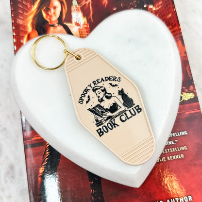 Spooky Readers Book Club Motel Keychain | Retro Halloween Bookish Accessory with UVF Decal