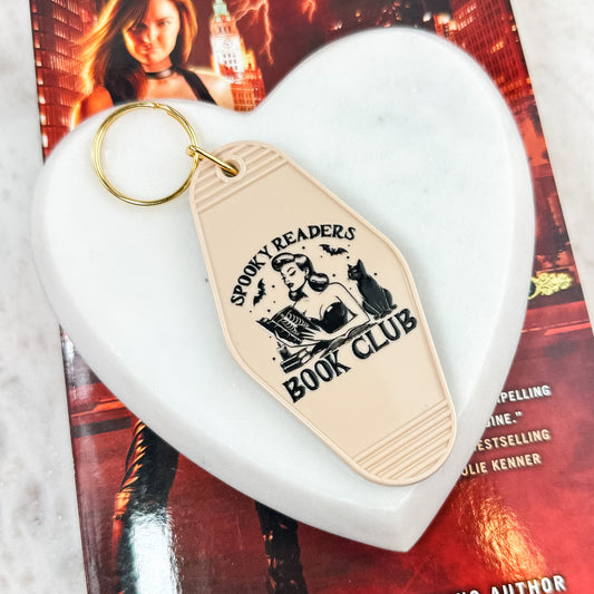 Spooky Readers Book Club Motel Keychain | Retro Halloween Bookish Accessory with UVF Decal