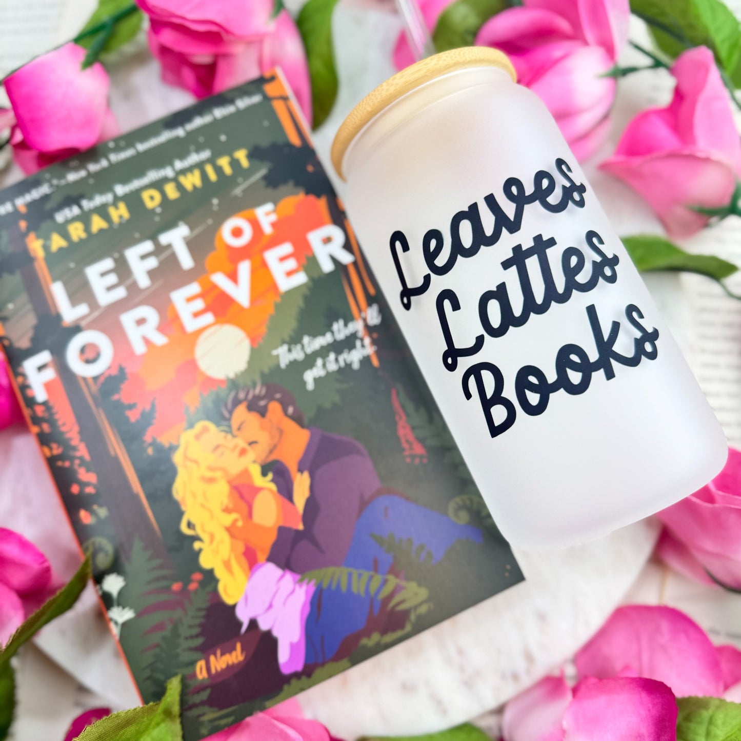 Leaves, Lattes, Books Frosted Glass Cup