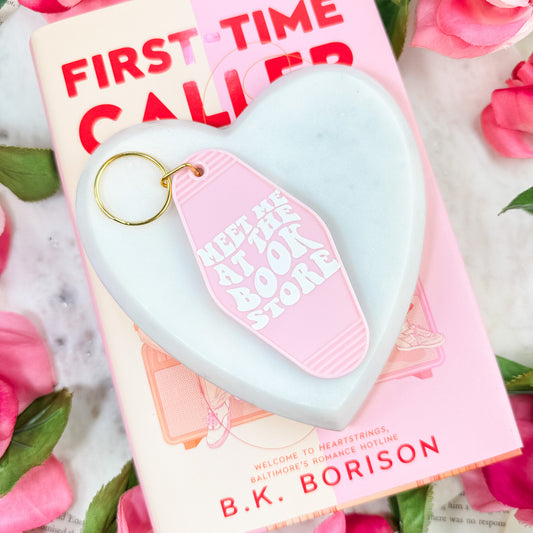 Meet Me at the Bookstore Motel Keychain - Retro Double-Sided UVF Decal for Book Lovers and Bookstore Adventures