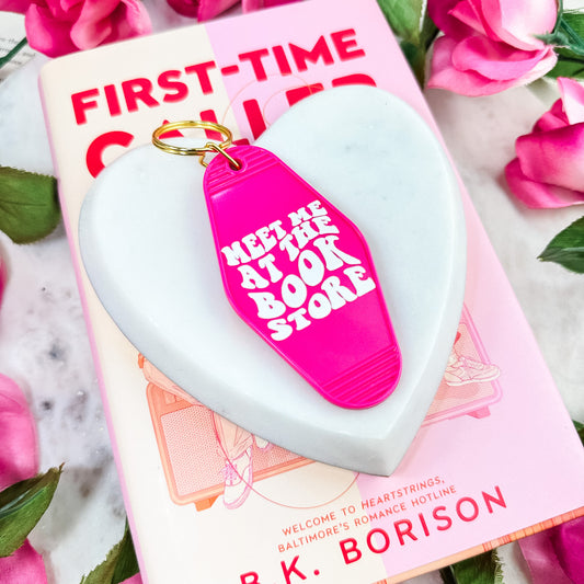 Meet Me at the Bookstore Motel Keychain - Retro Double-Sided UVF Decal for Book Lovers and Bookstore Adventures