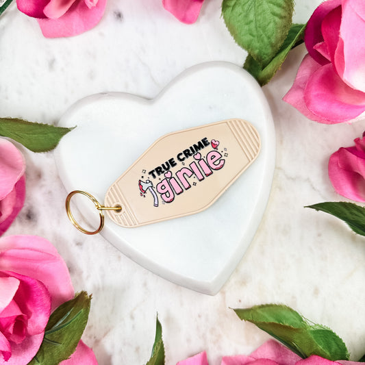 True Crime Girlie Motel Keychain for Mystery and Crime Book Lovers
