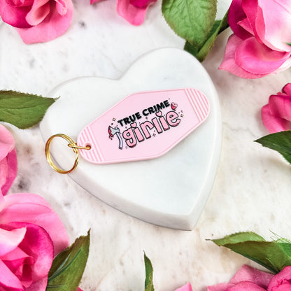 True Crime Girlie Motel Keychain for Mystery and Crime Book Lovers