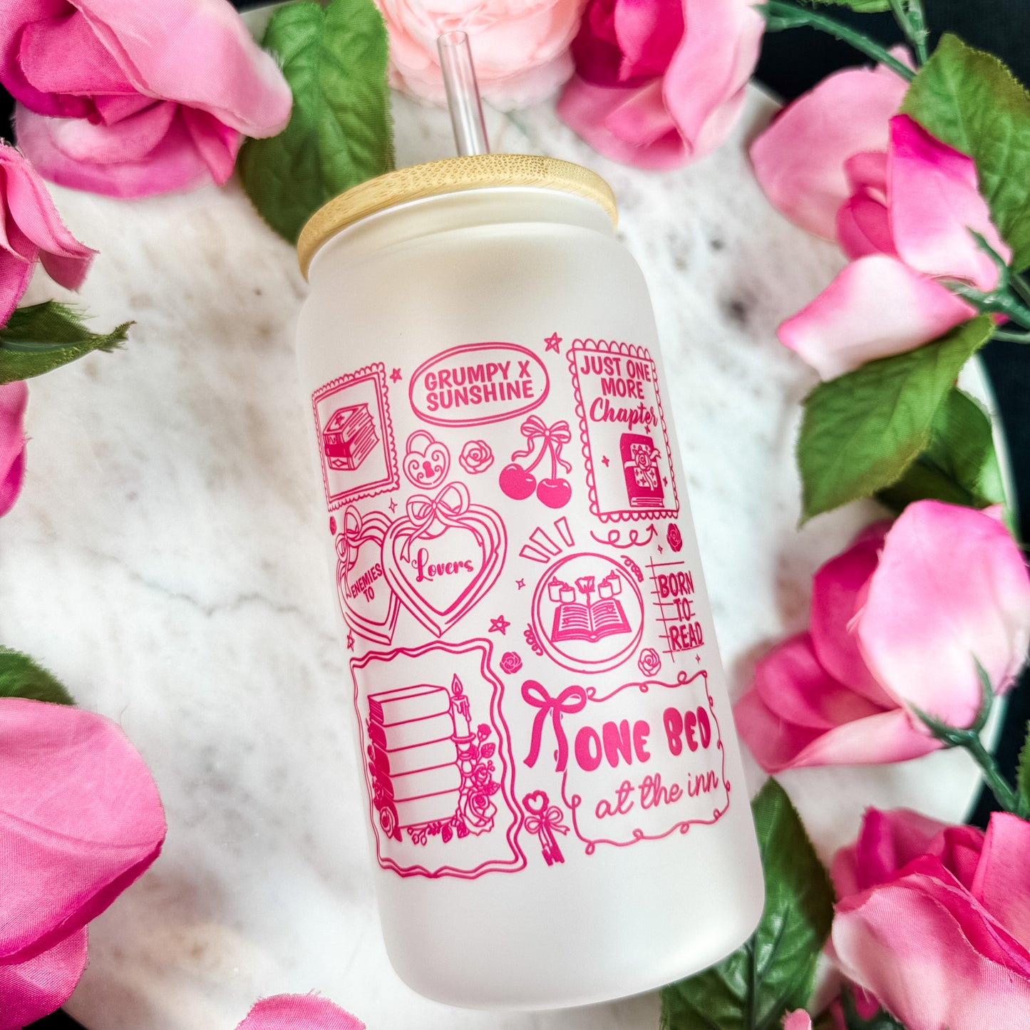 Bookish Romance Tropes Frosted Glass Cup with Bamboo Lid & Plastic Straw