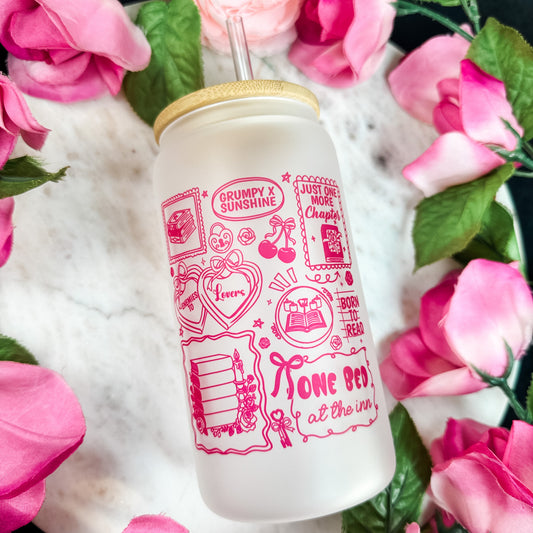 Bookish Romance Tropes Frosted Glass Cup with Bamboo Lid & Plastic Straw