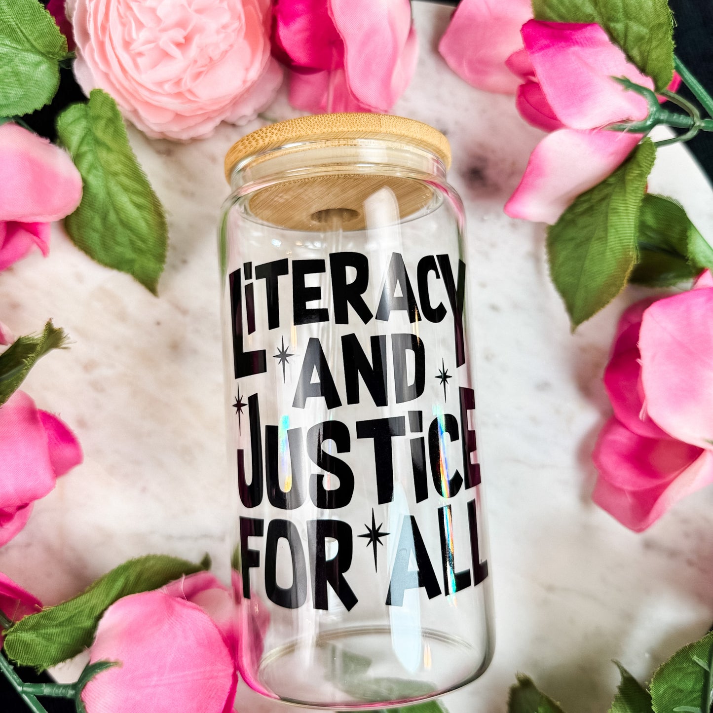 Literacy And Justice For All Clear Glass Cup with Bamboo Lid & Straw