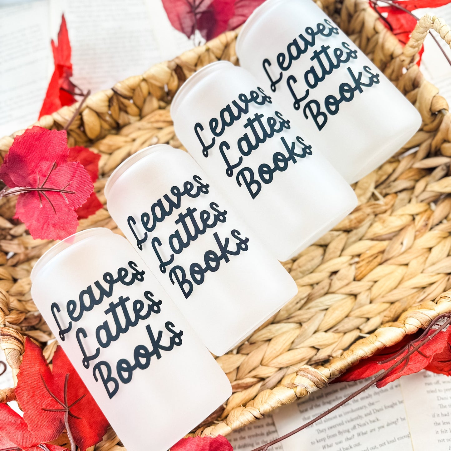 Leaves, Lattes, Books Frosted Glass Cup