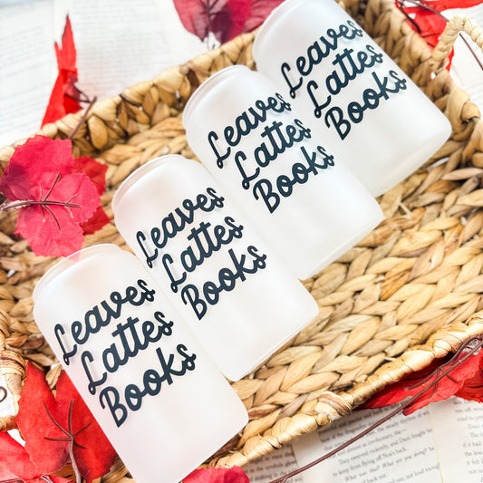Leaves, Lattes, Books Frosted Glass Cup
