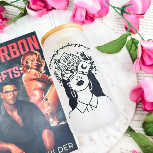 Probably Reading Smut" Frosted Glass Cup | Bookish Bamboo Lid Tumbler with Optional Pink or Black Straw