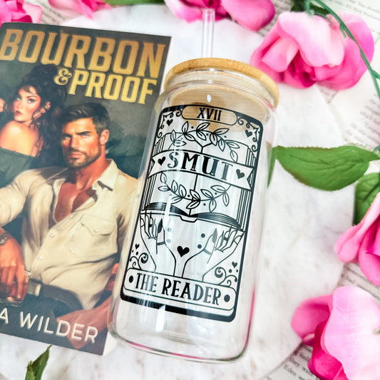Smut Reader Tarot Card Bookish Clear Glass Cup With Bamboo Lid And Straw | Spicy BookTok Gift for Readers