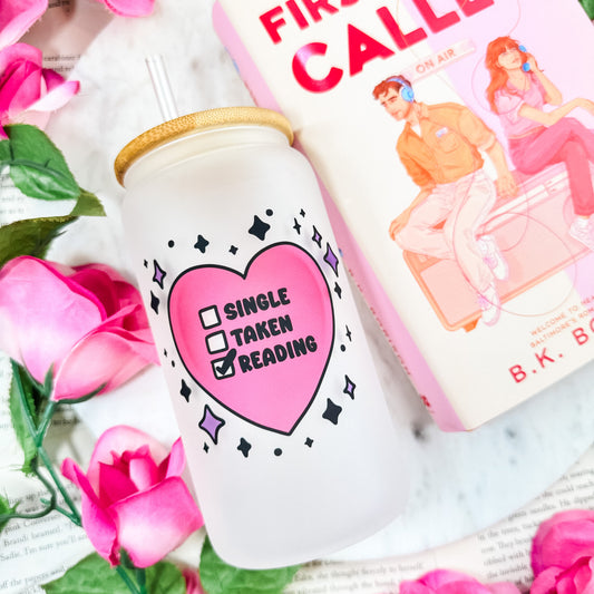 Single Taken Reading Frosted Glass Cup with Bamboo Lid | Perfect Valentine’s Day Gift for Book Lovers