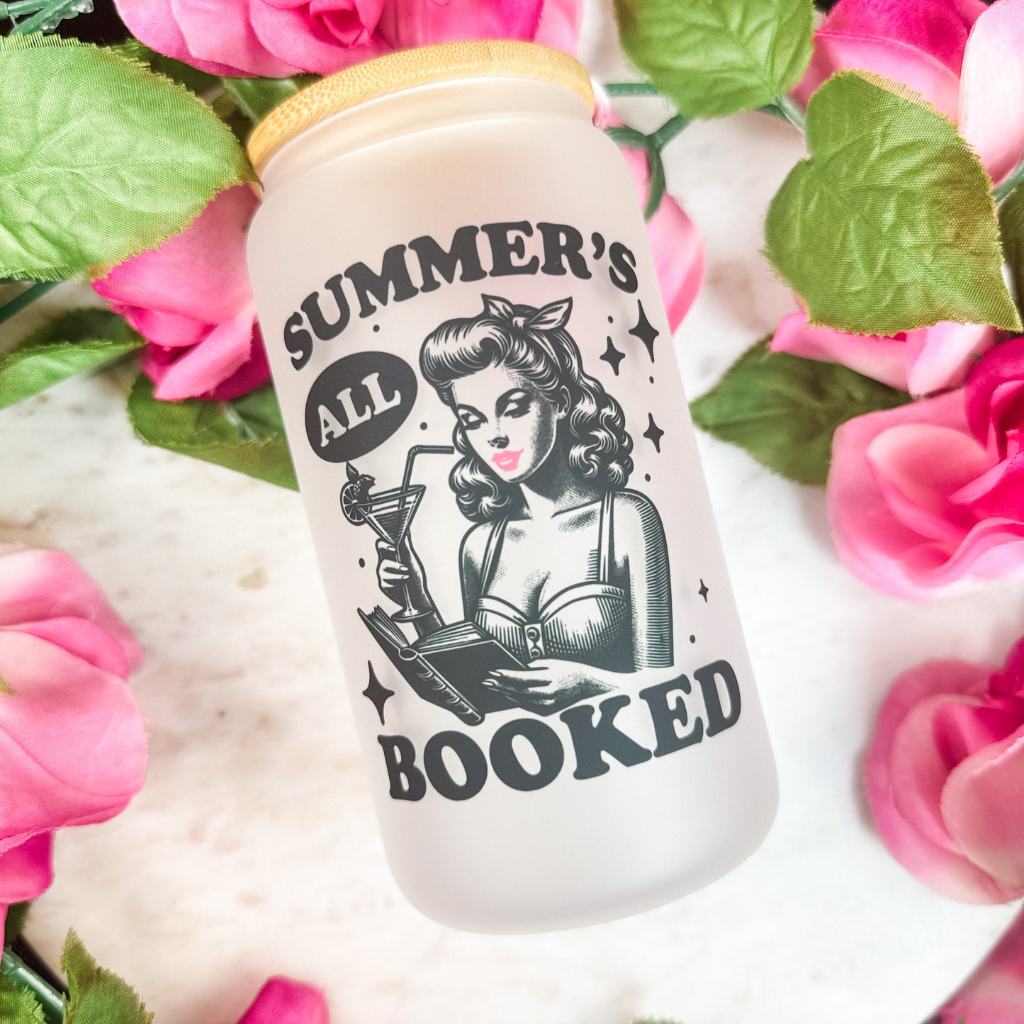Summer’s All Booked Frosted Glass Cup with Bamboo Lid & Straw | Retro Bookish Drinkware