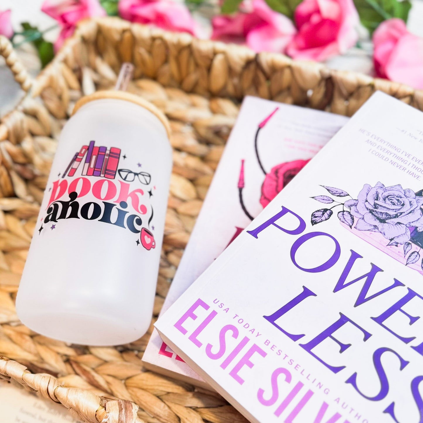 Bookaholic Frosted Glass Cup With Bamboo Lid And Straw | BookTok Cup for Readers