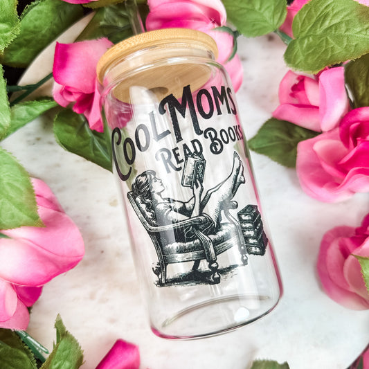 Cool Moms Read Books Clear Glass Cup with Bamboo Lid & Straw