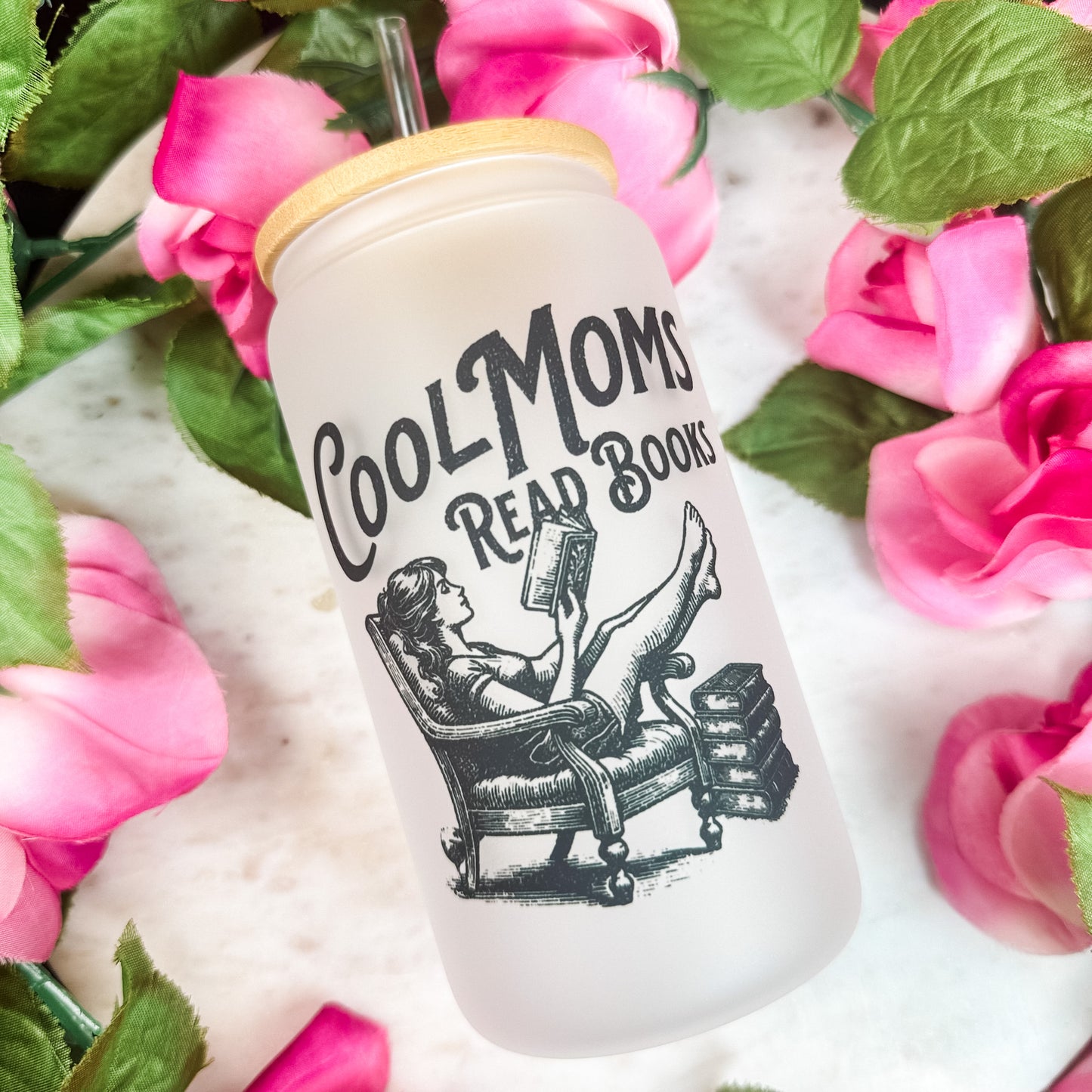 Cool Moms Read Books Frosted Glass Cup with Bamboo Lid & Straw