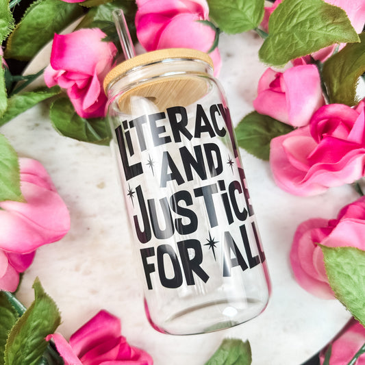 Literacy And Justice For All Clear Glass Cup with Bamboo Lid & Straw