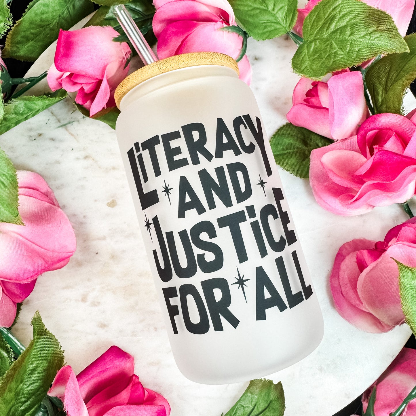 Literacy And Justice For All Frosted Glass Cup with Bamboo Lid & Straw