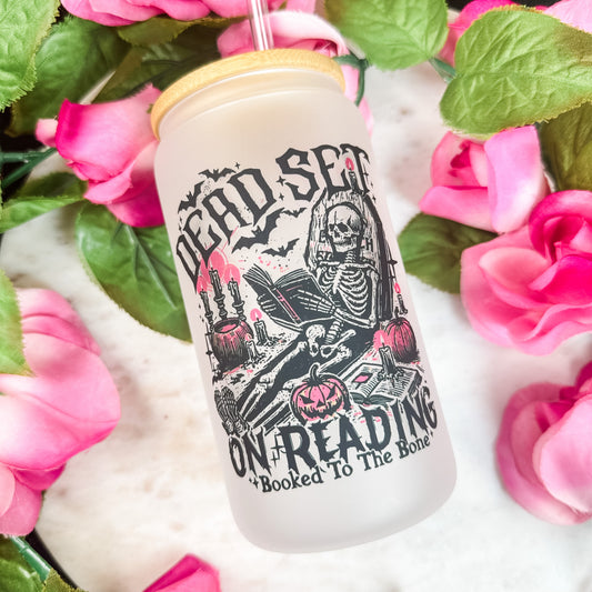 Dead Set On Reading Frosted Glass Cup with Bamboo Lid & Straw
