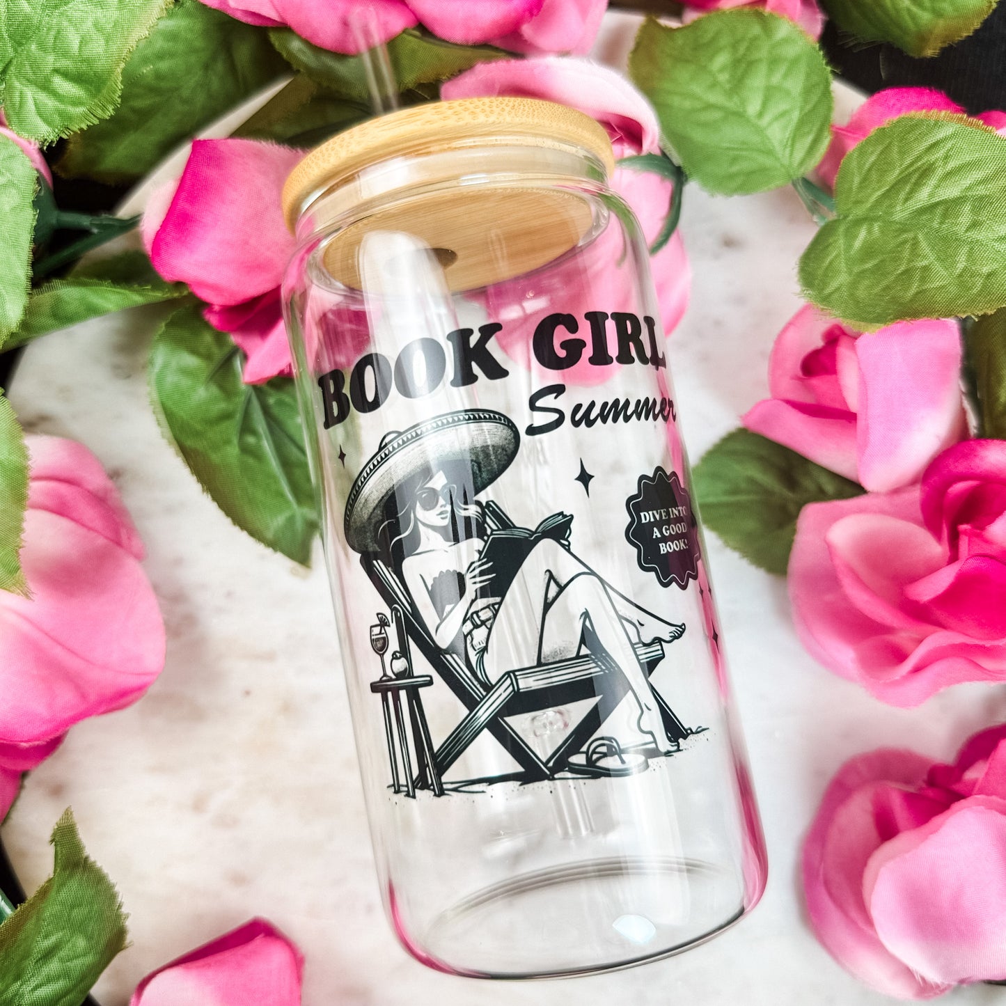 Book Girl Summer Clear Glass Cup with Bamboo Lid & Straw
