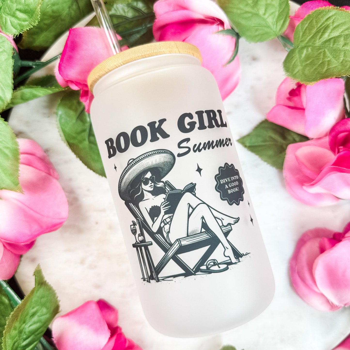 Book Girl Summer Frosted Glass Cup with Bamboo Lid & Straw