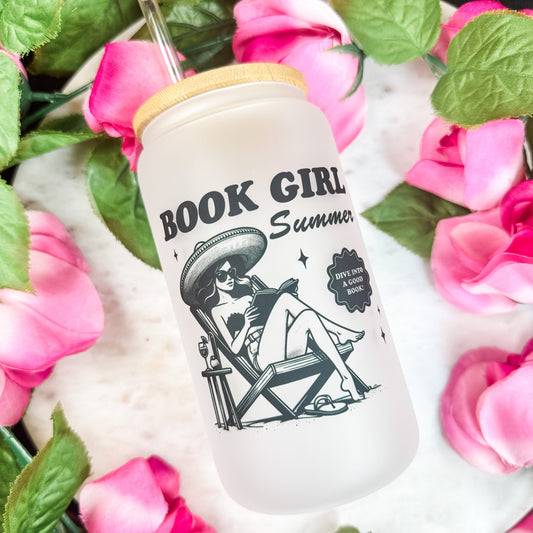 Book Girl Summer Frosted Glass Cup with Bamboo Lid & Straw