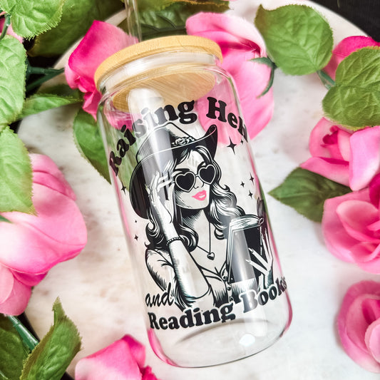 Raising Hell And Reading Books Clear Glass Cup with Bamboo Lid & Straw