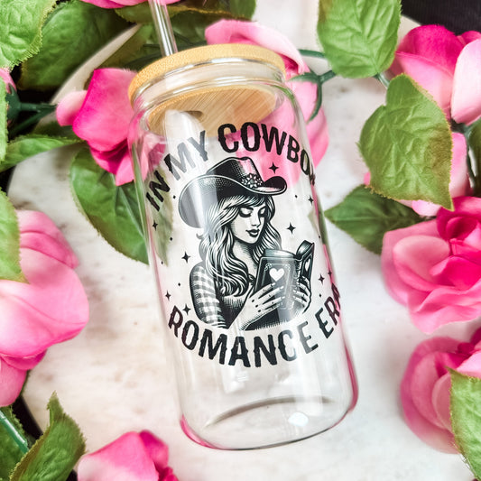 In My Cowboy Romance Era Clear Glass Cup with Bamboo Lid & Straw