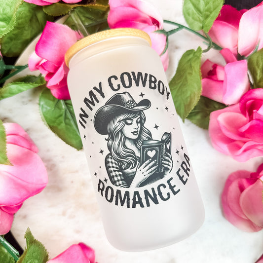 In My Cowboy Romance Era Frosted Glass Cup with Bamboo Lid and Straw