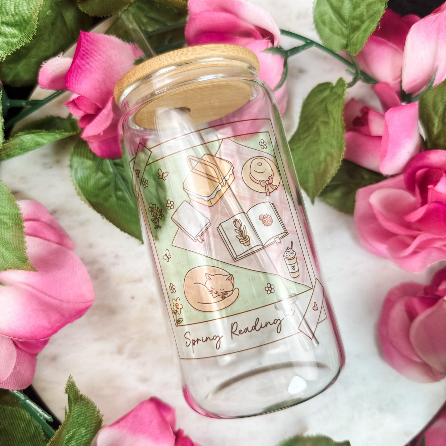 Spring Reading Picnic Clear Glass Cup with Bamboo Lid & Straw