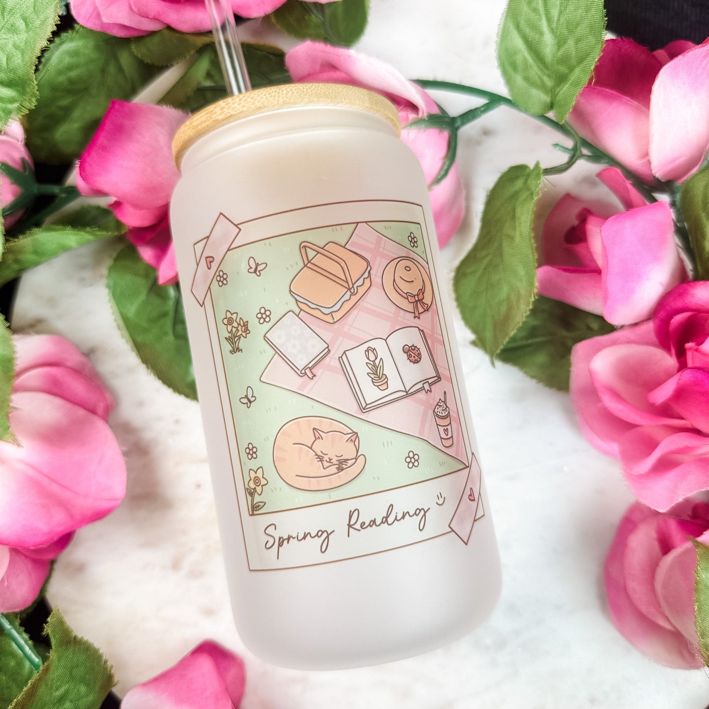 Spring Reading Picnic Frosted Glass Cup with Bamboo Lid & Straw