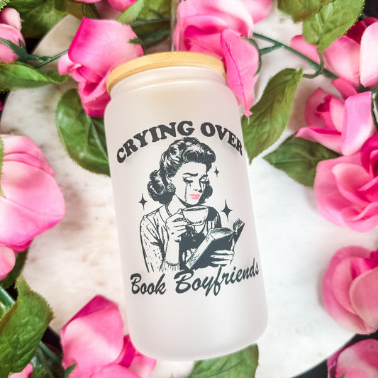 Crying Over Book Boyfriends Frosted Glass Cup with Bamboo Lid & Straw