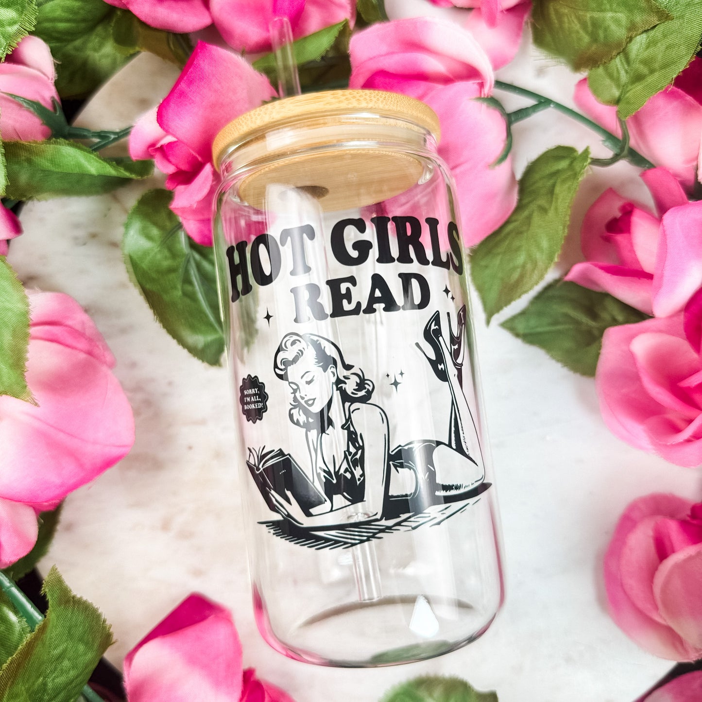 Hot Girls Read Clear Glass Cup with Bamboo Lid & Straw