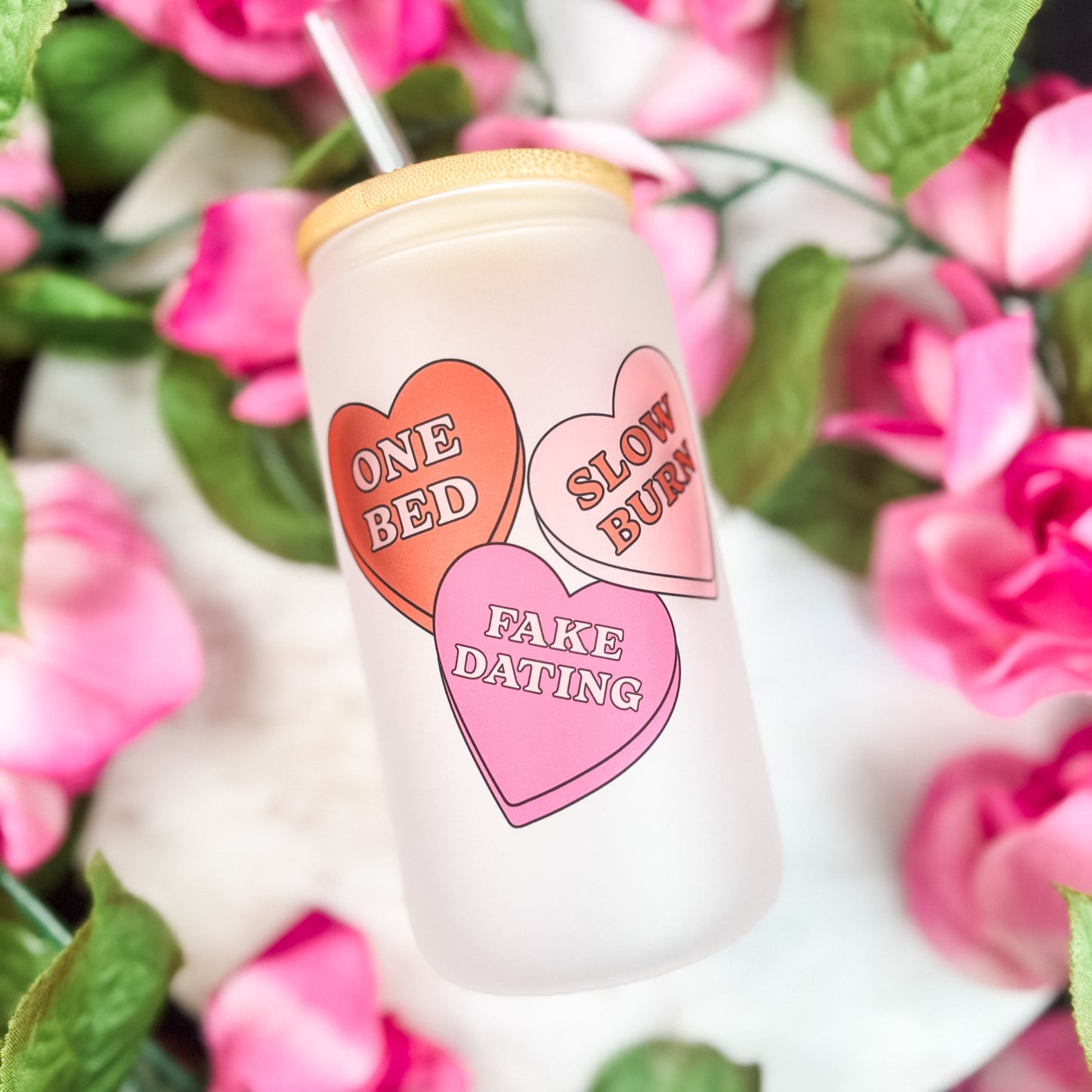 Reader Candy Hearts Frosted Glass Cup with Bamboo Lid & Plastic Straw