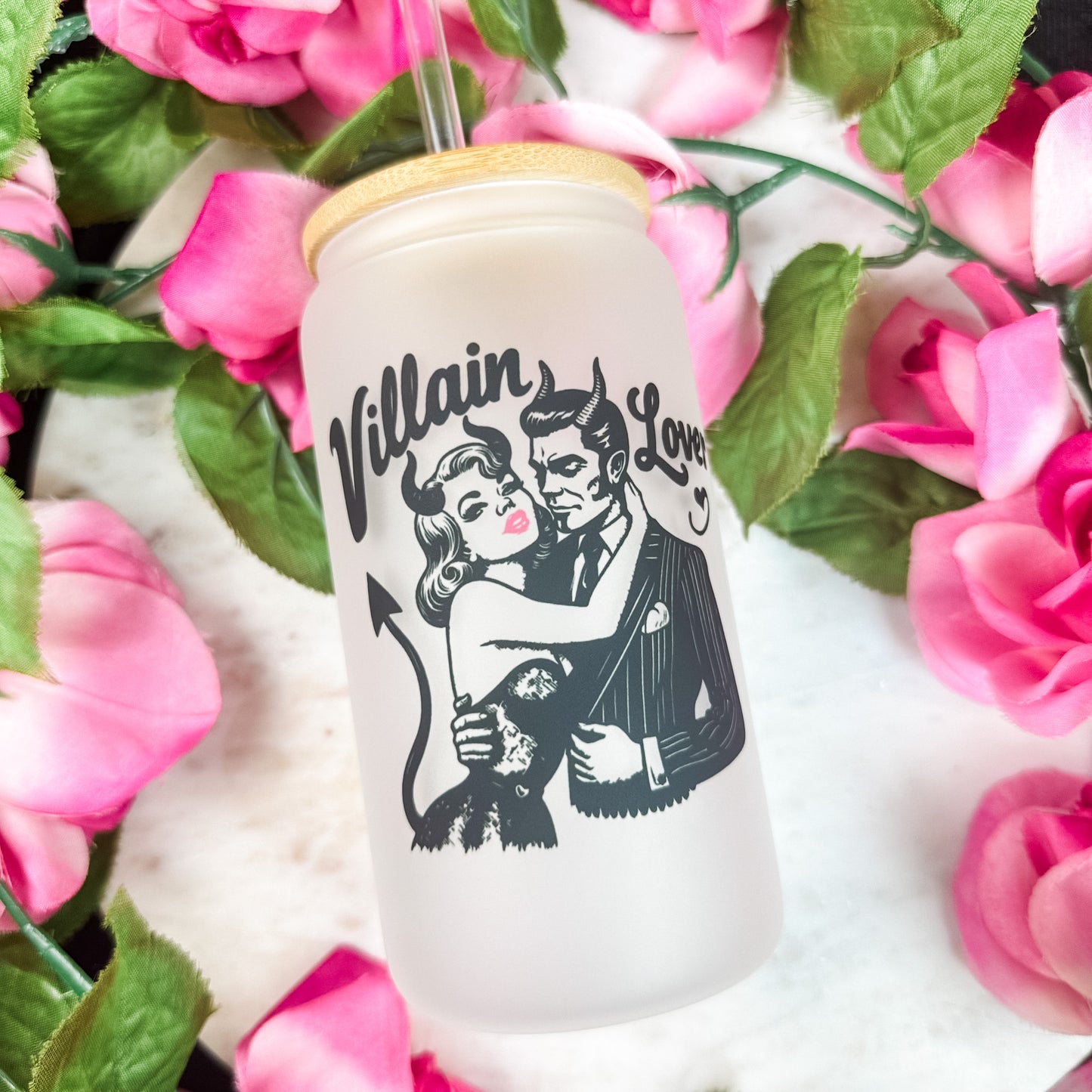 Villain Lover Frosted Glass Cup w/Bamboo Lid and Straw