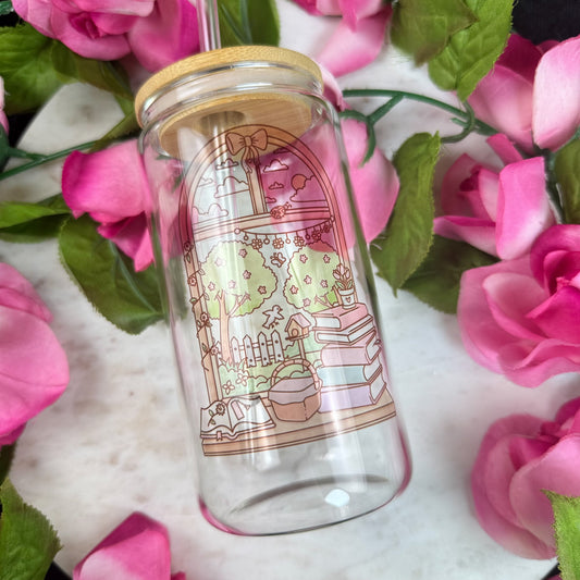 Spring Reading Nook Clear Glass Cup with Bamboo Lid & Straw
