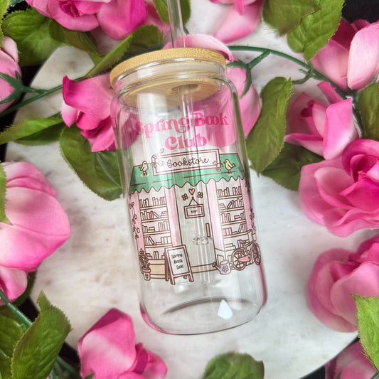 Spring Book Club Clear Glass Cup with Bamboo Lid & Straw