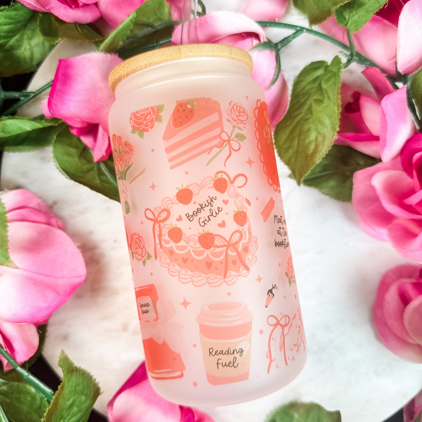 Bookish Girlie Frosted Glass Cup with Bamboo Lid & Straw