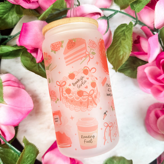 Bookish Girlie Frosted Glass Cup with Bamboo Lid & Straw