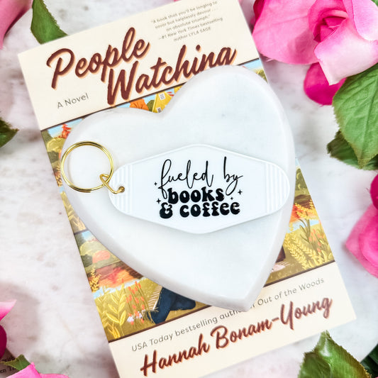 Fueled by Books and Coffee Motel Keychain | Permanent Decal Double-Sided Book Lover Keychain