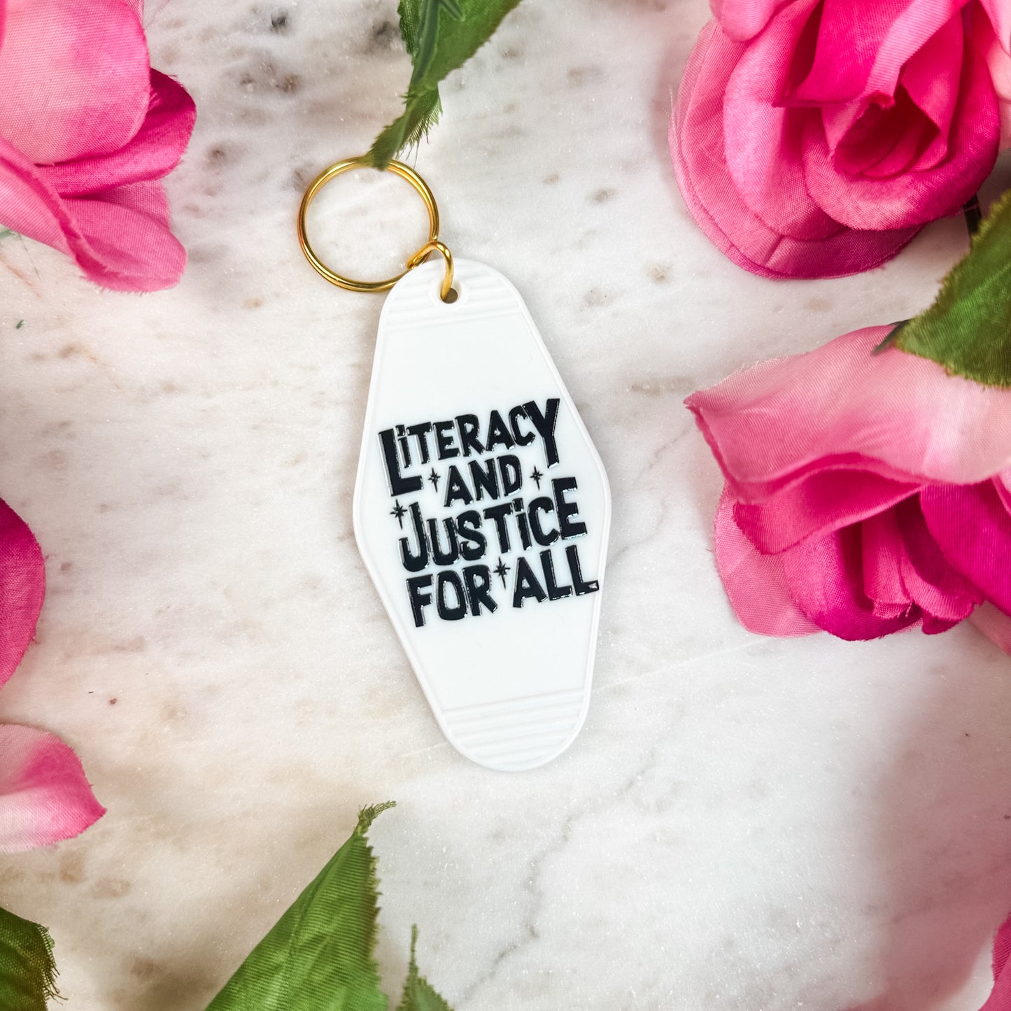 Literacy And Justice For All Retro Motel Keychain