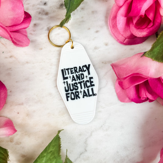 Literacy And Justice For All Retro Motel Keychain